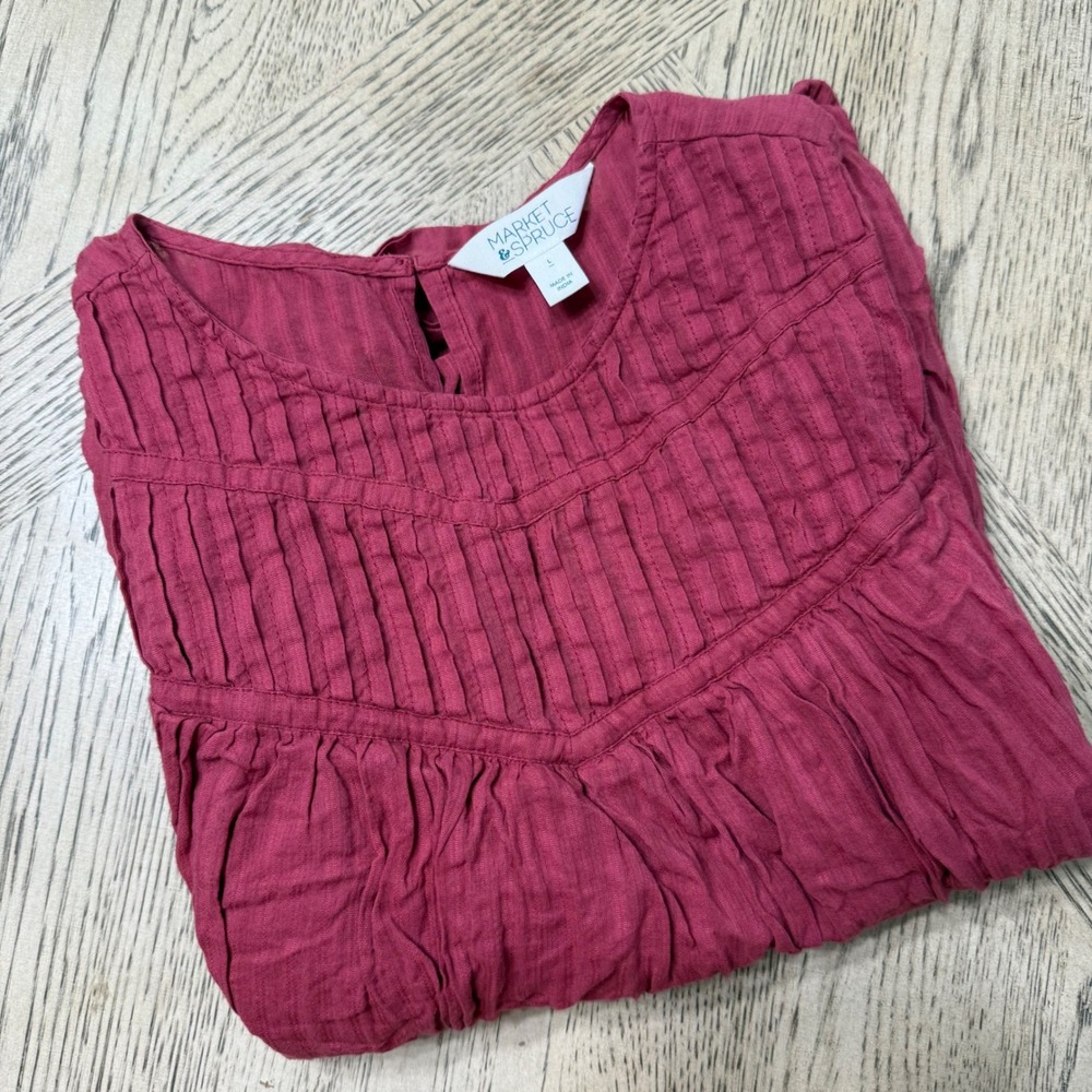 Market & Spruce Women Large‎ Pink Red Pleated Gathered Short Sleeve Tank Top